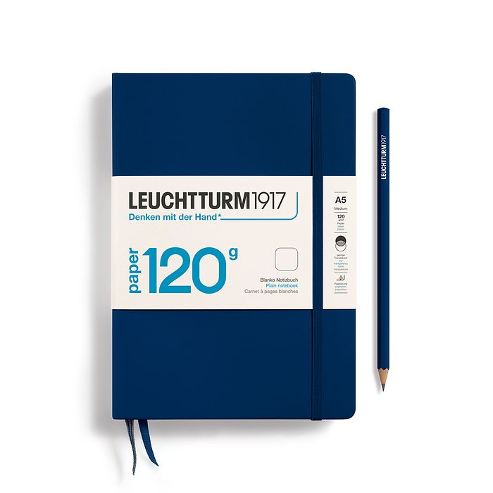 Notizbuch Medium (A5), 120g Edition, Hardcover, 203 nummerierte Seiten, Marine, blanko